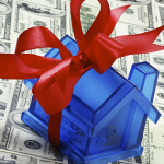 Blue House with ribbon in cash background.